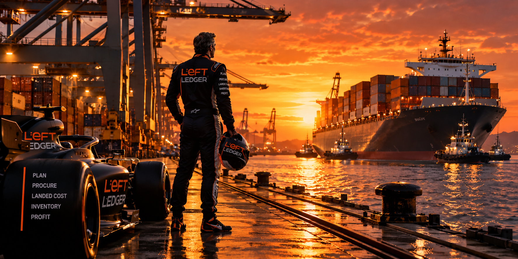 Left Ledger racing car and consultant at a container port as a cargo ship docks at sunset